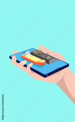 Hands hold smart phone with 3D port and cargo ship on the screen