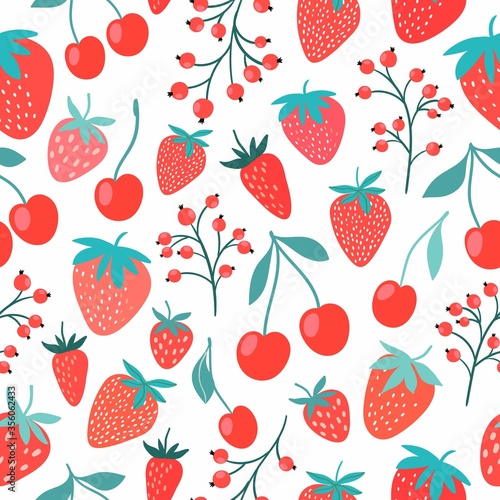 Decorative seamless pattern with fruits, strawberries, cherries and currants, white background