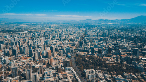 Santiago de Chile - Photograph taken on a drone from the center of Santiago  the streets full of protesters by the 8M