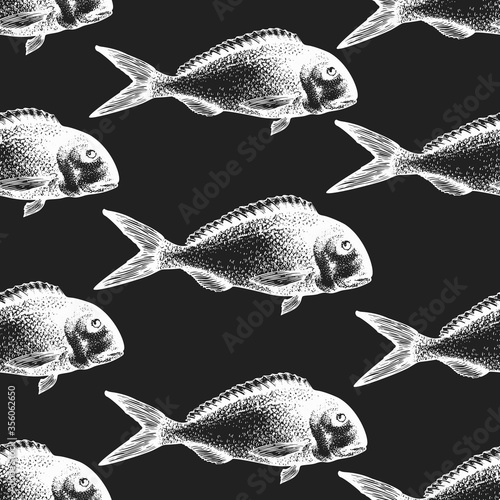 Hand drawn fish seamless pattern. Vector dorado illustrations on chalk board. Vintage marine background