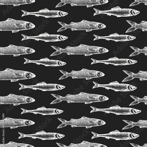 Hand drawn fish seamless pattern. Vector mullet illustrations on chalk board. Vintage marine background