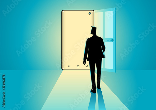 Businessman walking into a smart phone
