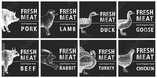 Labels with farm animals. Vintage set templates price tags for shops and markets. Vector illustrations on chalk board.