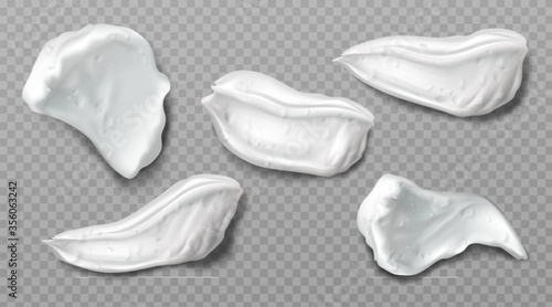 Foam cream swatches isolated on transparent background. Vector realistic smears set of white froth cosmetics, shaving gel or creme. Smudges of mousse, beauty product for face or body care