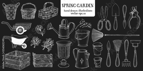 Hand drawn set of different gardening tools. Vector illustrations on chalk board. Garden utensils