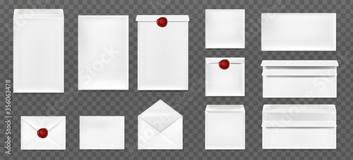 White envelopes with red wax seal. Vector realistic mockup of blank closed and open envelopes, letter covers front and back view. Mock up of paper folder with wax stamps