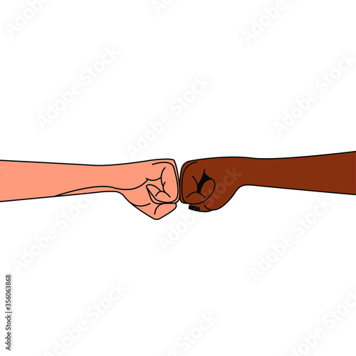 Two hands are clenched into a fist. Hands strike each other as a sign of joint success, friendship, transaction. Vector illustration, flat cartoon, eps 10. Concept: interracial equality.