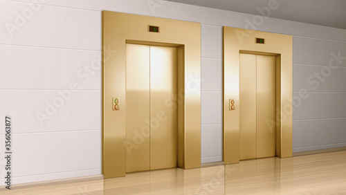 Metal golden elevator doors in hallway perspective view. Vector realistic empty modern office or hotel lobby interior with lift, metal panel with buttons and floor display on wall