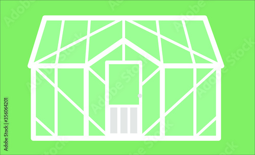 Greenhouse, a greenhouse in the shape of a white house with transparent glasses. Vector flat cartoon illustration. Concept: spring garden work, sale of prefabricated greenhouses.