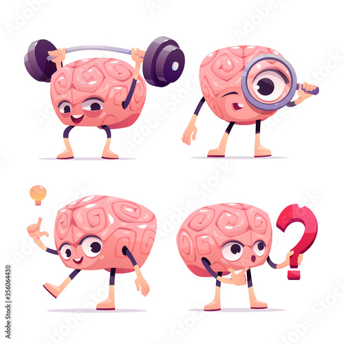 Brain characters, cute cartoon mascot with funny face exercising with barbell, look in loupe, have great idea, hold question mark. Happy, smiling emotions. Vector illustration, isolated icons set