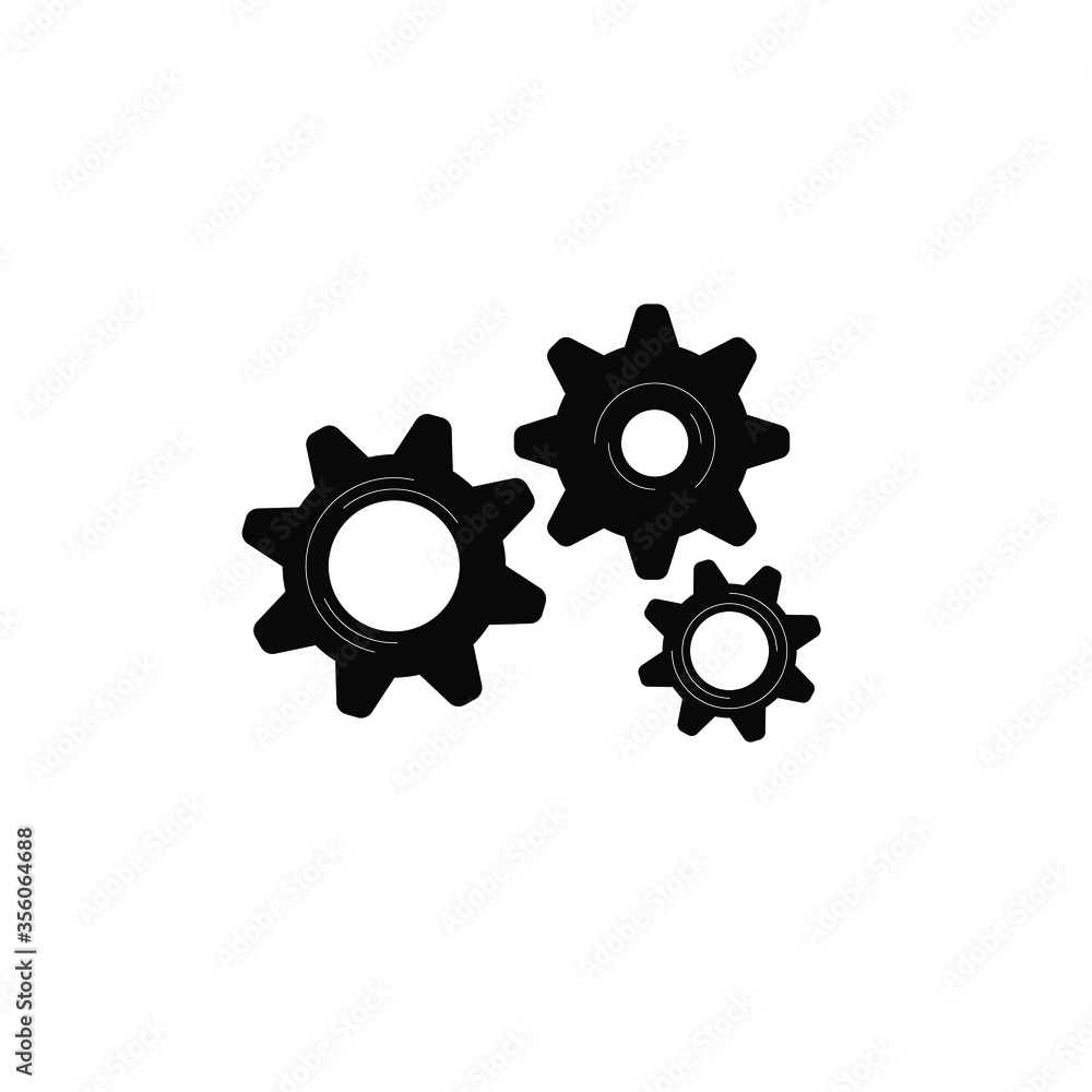Three black gears isolated on a white background. Vector illustration, flat design, eps 10. Concept: setting, process, element, design detail, repair, logo, icon, symbol. Three black gears isolated on a white background. Vector illustration, flat design, eps 10. Concept: setting, process, element, design detail, repair, logo, icon, symbol.