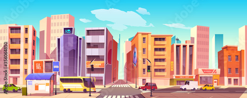 City street with houses, road with pedestrian crosswalk, cars and bus stop. Vector cartoon background with cityscape, urban landscape with residential buildings, office and shops
