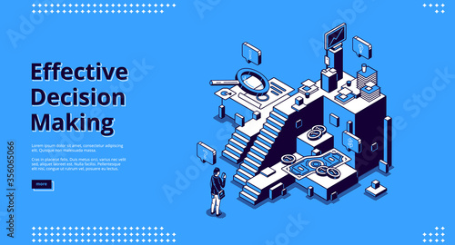 Effective decision making banner. Concept of choose right way in business, job or life. Vector landing page with isometric illustration of confused man and stairs for different options
