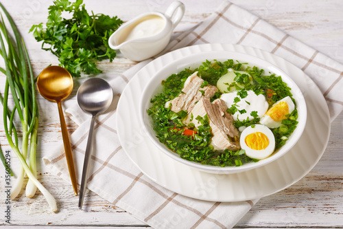 Eastern european green sorrel soup with sour cream photo