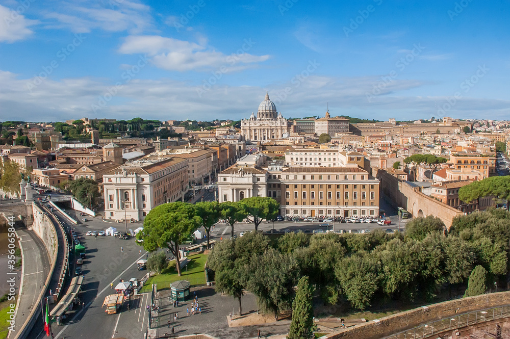 The Vatican City seen from the terrace of Castel Sant'angelo. Note the basilica of San Pietro and the Borgo district on the right, with the 