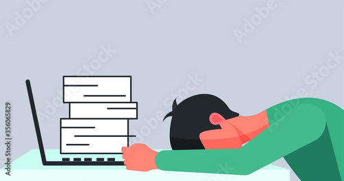 A man is sitting at a laptop. Concept: fatigue in the workplace, at school, difficulties in completing tasks, drowsiness, weakness, stress, depression. Vector illustration, eps 10.