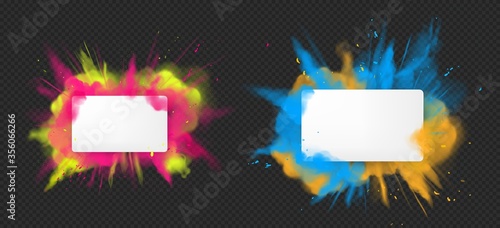 Holi paint powder color explosion banner realistic vector. Blue pink yellow dust splash, spring holiday paint burst with white clear blank paper isolated on dark, decorative element indian fest