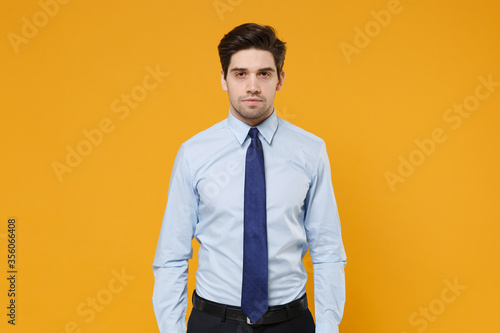 Canvas Print Successful confident young business man in classic blue shirt tie posing isolated on yellow background studio portrait