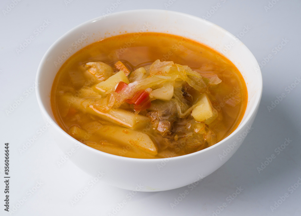 Cabbage soup. Russian traditional soup. Top view Cabbage soup. Russian traditional soup. Top view