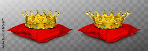 Gold royal crown for king and queen on red pillow. Vector realistic luxury golden corona with gems, medieval diadem for prince, princess or emperor on cushion isolated on transparent background