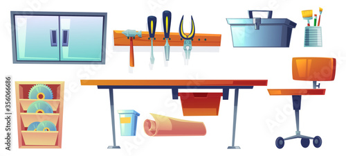 Garage instruments, tools for carpentry and repair works. Screwdriver, pliers and hammer hanging on board, workbench, blade for circular saw, toolbox and paint brushes. Cartoon vector illustration