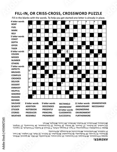 Criss-cross (or fill-in, else kriss-kross) crossword puzzle game of 19x19 grid, fitting Letter or A4 size paper, with general knowledge family friendly content. Answer included. 