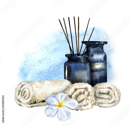 Watercolor composition of SPA therapy and aromatherapy items. Black vase with scented candles and frangipani flower and sauna and massage towels isolated on a white background. Design for Wellness 