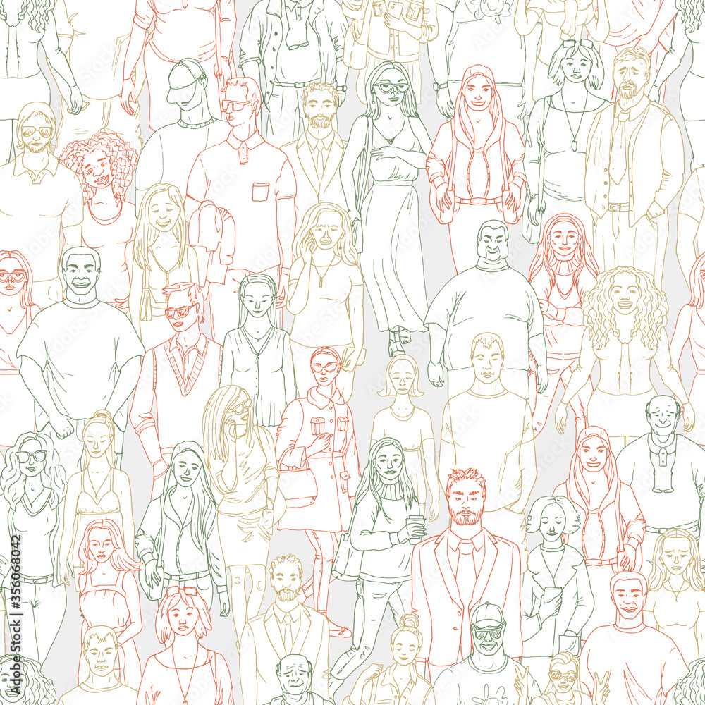 hand drawn crowd of people seamless vector pattern
