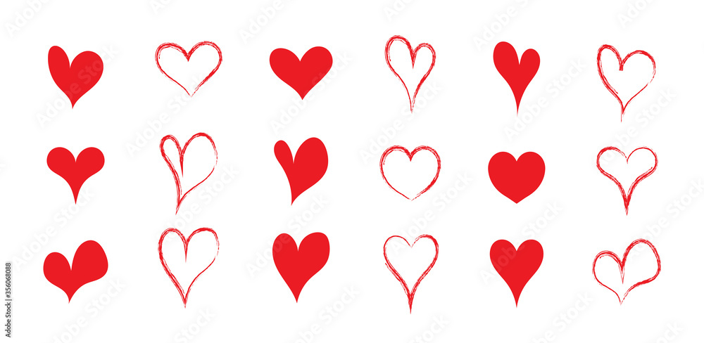 Heart shapes for love. Red icons for valentine day. Drawn symbol with sketch. Silhouette of heart for wedding. Grunge romantic background. Set of brush. Decorative frame and marriage logo. Vector Heart shapes for love. Red icons for valentine day. Drawn symbol with sketch. Silhouette of heart for wedding. Grunge romantic background. Set of brush. Decorative frame and marriage logo. Vector