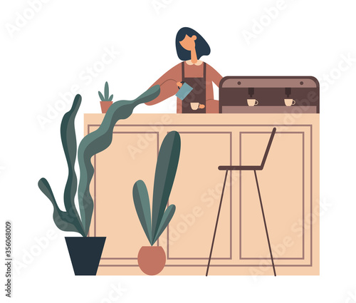 Woman working in coffee shop. Flat vector illustration