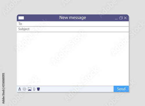 Email window. Mail template with interface. Blank send message in screen of browser. Mockup of new email letter. Design frame with ui web for text in computer. Address and subject forms. Vector