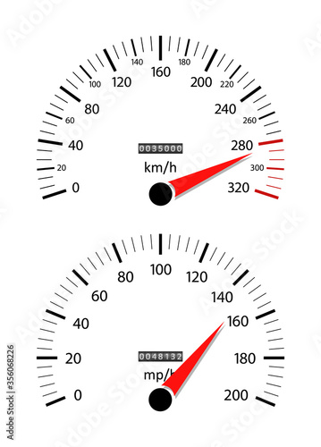 Car speedometer. Odometer on dashboard. Speed gauge with kilometer and mile. Counter of km, mph, mileage. Scale for fast race. Rpm on panel. Auto engine background. Limit of speed on car. Vector.