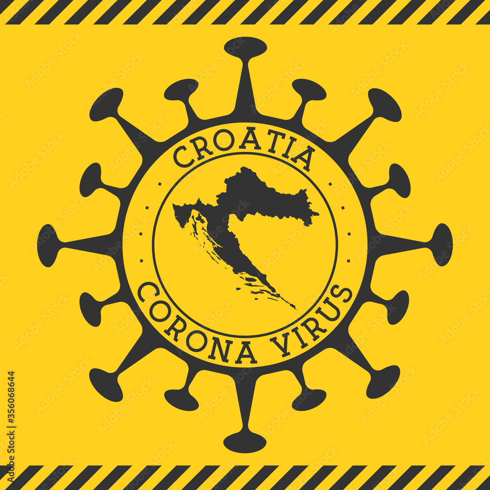 Corona virus in Croatia sign. Round badge with shape of virus and Croatia map. Yellow country epidemy lock down stamp. Vector illustration.