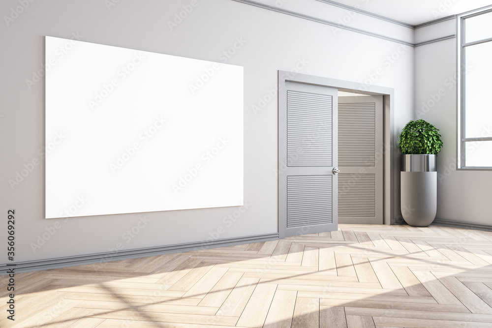 Obraz premium Clean home interior with door and empty billboard on wall
