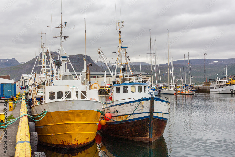 Fishing boats in harbor. Iceland. Summer time