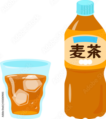 ペットボトルとグラス入りの麦茶