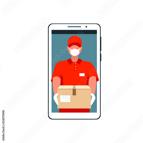 Male courier delivery man in a medical protective face mask with a box on the smartphone screen. Concept of online shopping and safe delivery during the coronavirus pandemic. Stock vector illustration