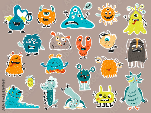 Fototapeta Naklejka Na Ścianę i Meble -  Big set of stikers with cute Monsters