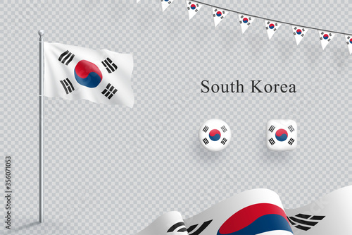 South Korea Flag 3d Elements Waving Flagpole Bunting Buttons