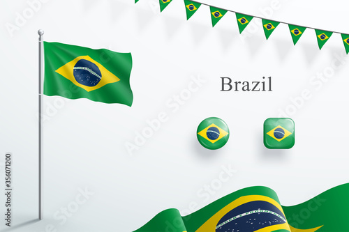 Brazil Flag 3d Elements Waving Flagpole Bunting Buttons