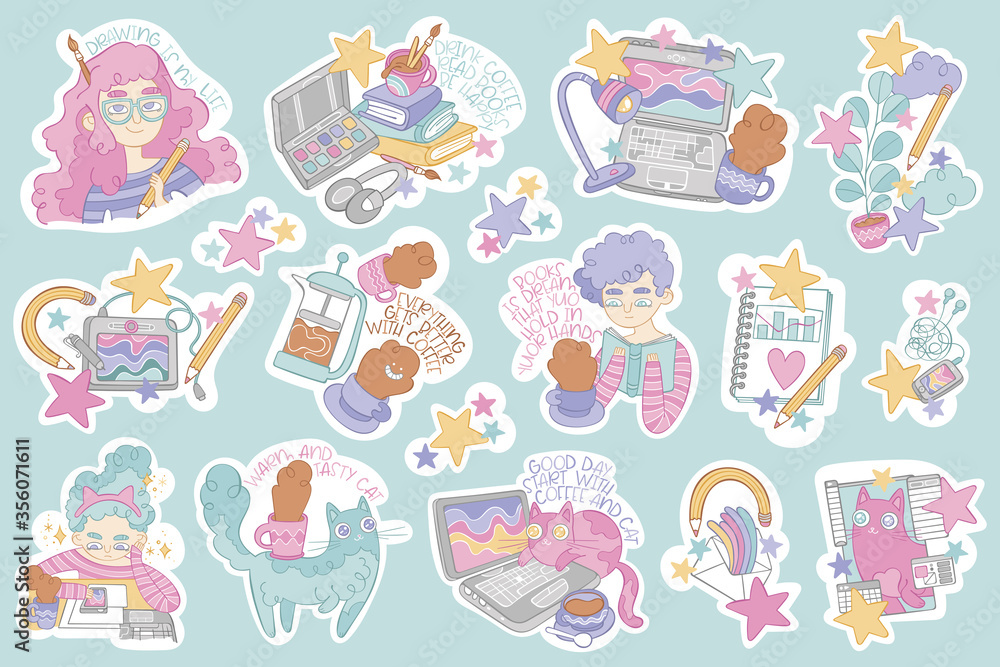 Set of stickers. Beautiful girls. Cute cat. Books, laptop, paints and pencils. Hot drinks: coffee cup, tea mug. Lettering. Stars.