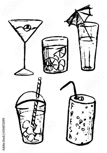 Cool summer drinks, cocktail, juice, lemonade. Hand drawn vector illustration set. Graphic doodles, sketching. Black contour drawings isolated on white. Primitive style picture for design, print, card