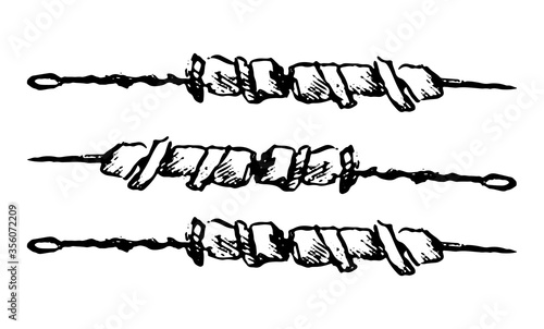 Kebab, roasted meat, shashlik doodles. Hand drawn vector illustration. Graphic sketching food. Black contour drawing isolated on white. Primitive style single picture for design, print, card, sticker.