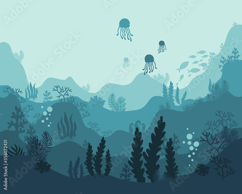 background underwater world, sea ocean, fish animals, algae and coral reefs, vector illustration hand drawing