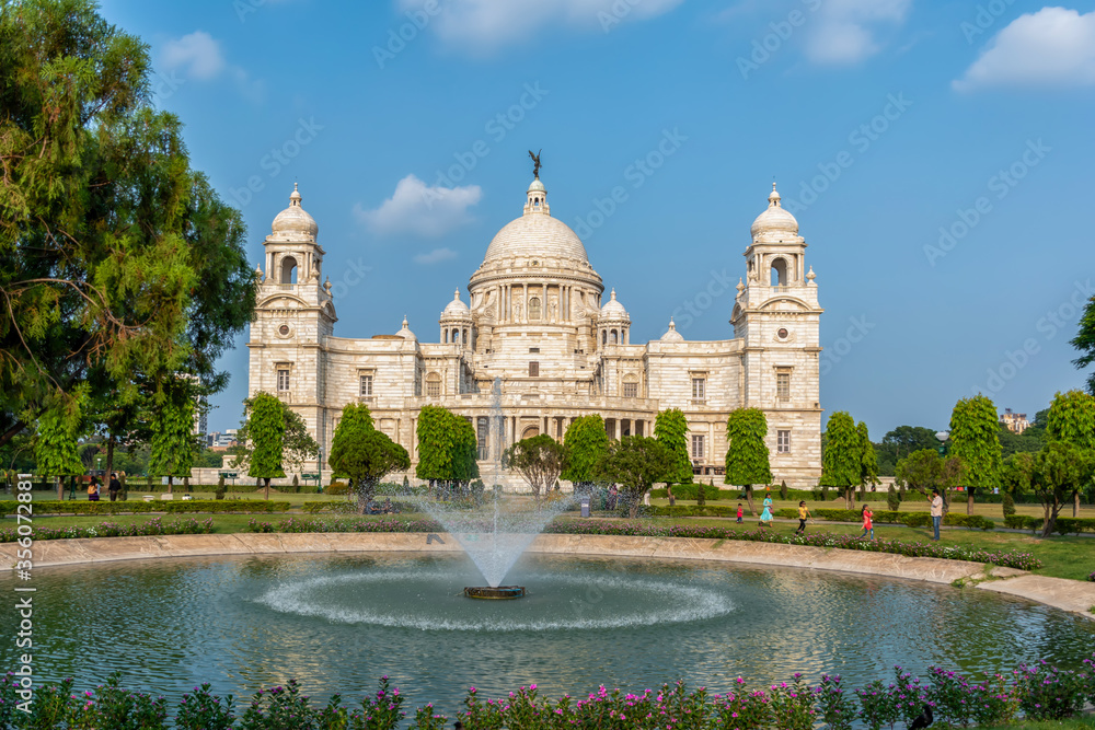 View of Victoria Memorial, a historical monument built by the British in memory of Queen Victoria located in Kolkata, West Bengal, India 