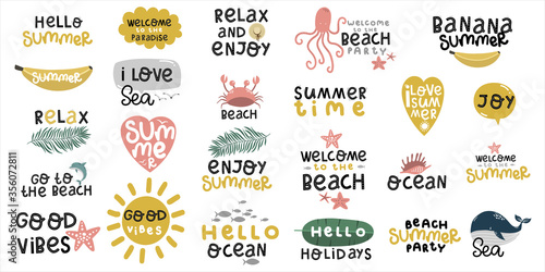 set of stickers about summer and sea, beach and ocean, beach party, lettering hand drawing calligraphy, vector illustration