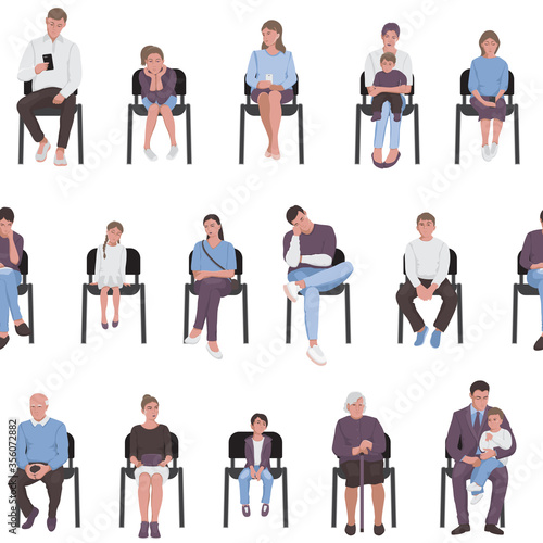 Adults and children sitting on chairs and waiting in the queue seamless pattern