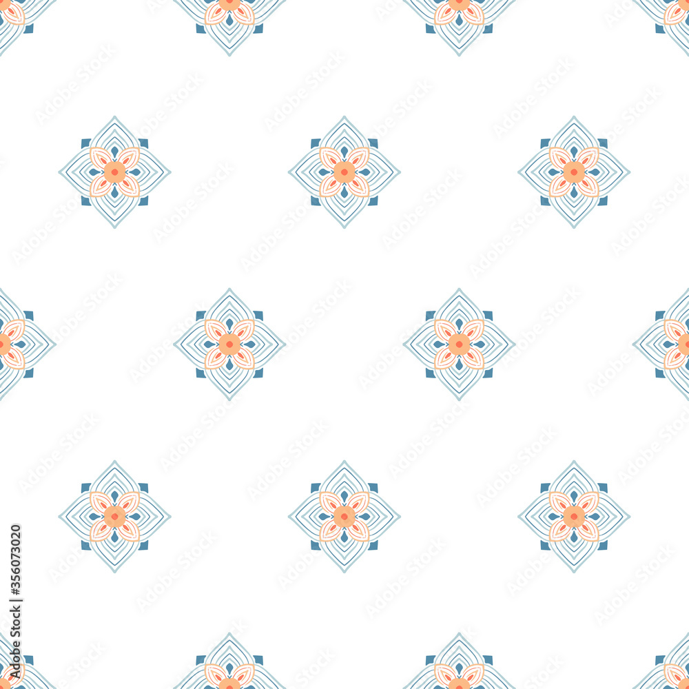 Geometric seamless tiles vector pattern. Mediterranean seamless blue and orange design. Portuguese or spanish retro old mosaic tiles. Decorative textile background. Geometric seamless tiles vector pattern. Mediterranean seamless blue and orange design. Portuguese or spanish retro old mosaic tiles. Decorative textile background.