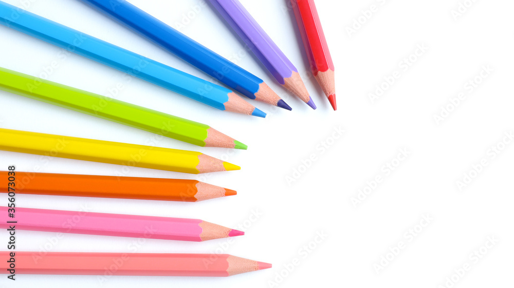 Group of colored pencils close-up isolated on a white background