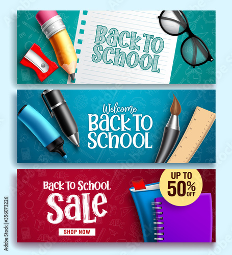 Back to school vector web banner set. Back to school educational background design with colorful education elements and background patterns. Vector illustration.
